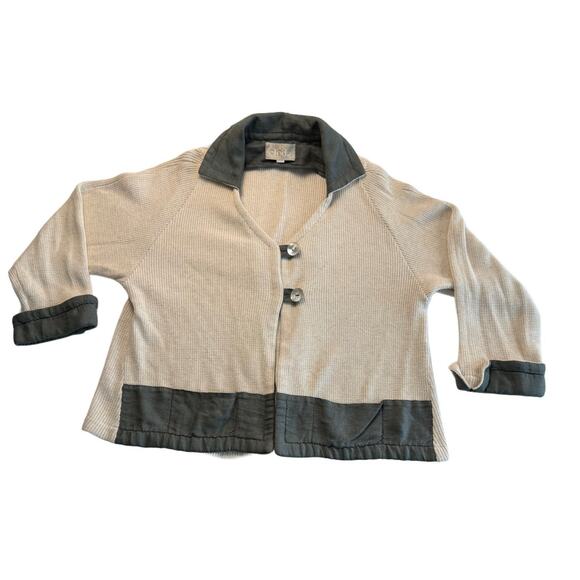 Cloda Linen Wool Cardigan Cream w/Slate Teal Trim Pockets Quiet Luxury Coastal M - Picture 2 of 7